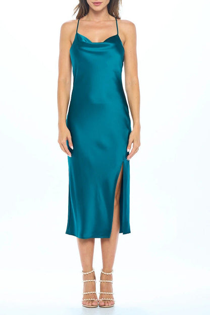 Satin Bias Slip Dress with Slit by Reneecollection