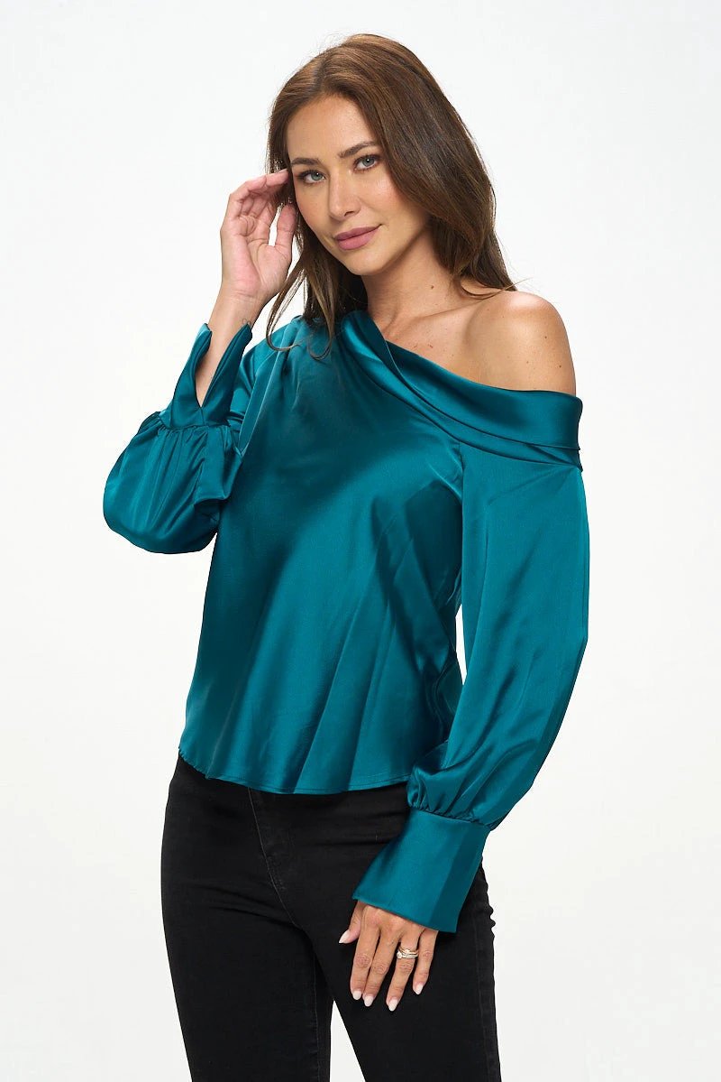 Dropped Shoulder Long Sleeve Satin Top by Reneecollection