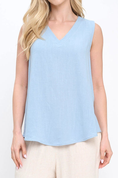 Linen Solid V neck Sleeveless Top by Reneecollection