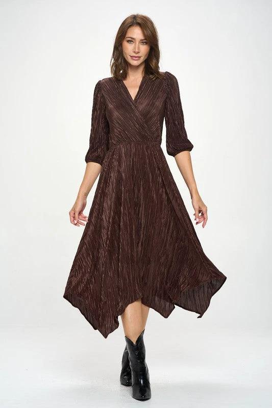 Plisse V neck Dress with Asymmetrical Hem by Reneecollection