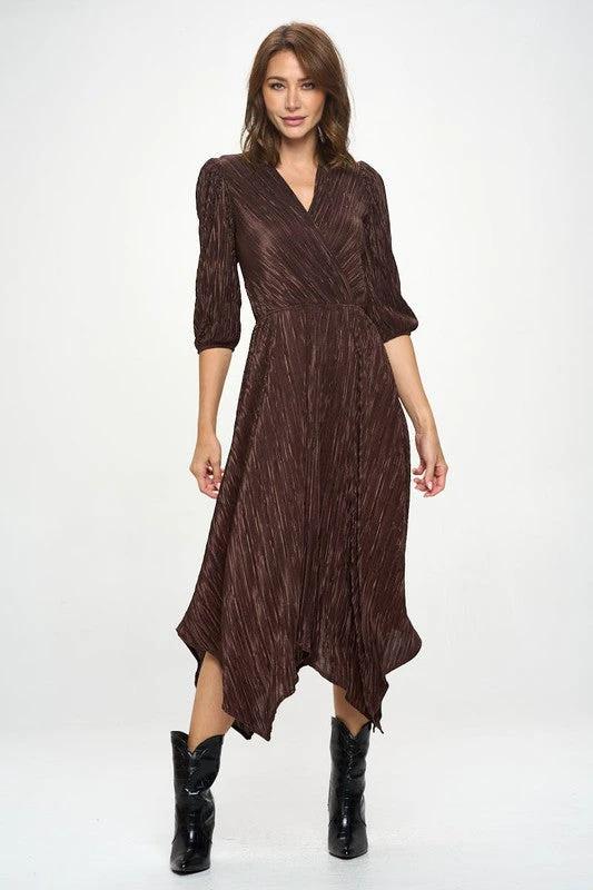 Plisse V neck Dress with Asymmetrical Hem by Reneecollection