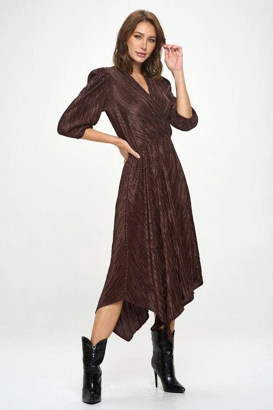 Plisse V neck Dress with Asymmetrical Hem by Reneecollection