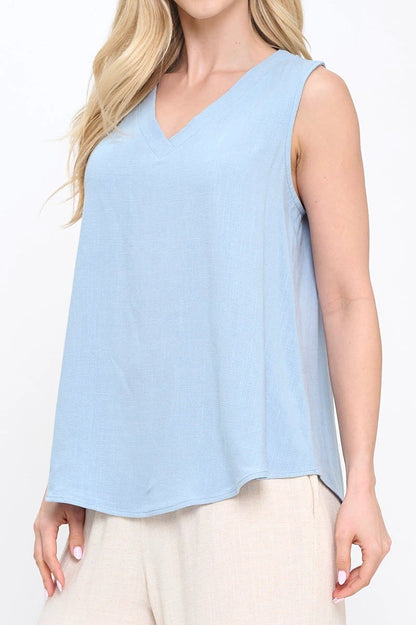 Linen Solid V neck Sleeveless Top by Reneecollection