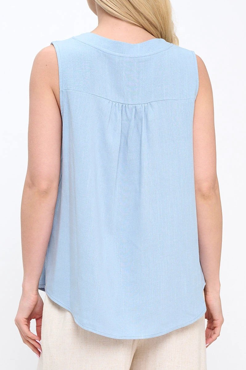 Linen Solid V neck Sleeveless Top by Reneecollection