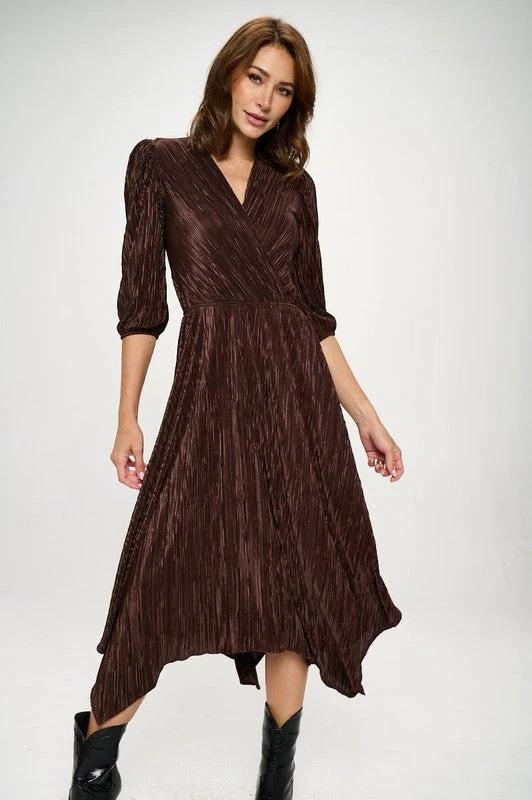 Plisse V neck Dress with Asymmetrical Hem by Reneecollection