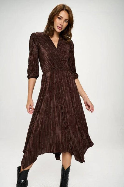 Plisse V neck Dress with Asymmetrical Hem by Reneecollection