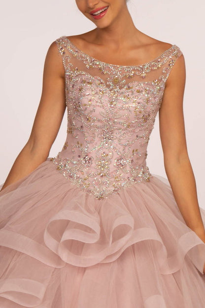 Jewel Embellished Boat Neck Multi-Layered Skirt Ball Gown-2