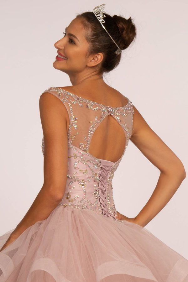 Jewel Embellished Boat Neck Multi-Layered Skirt Ball Gown-3