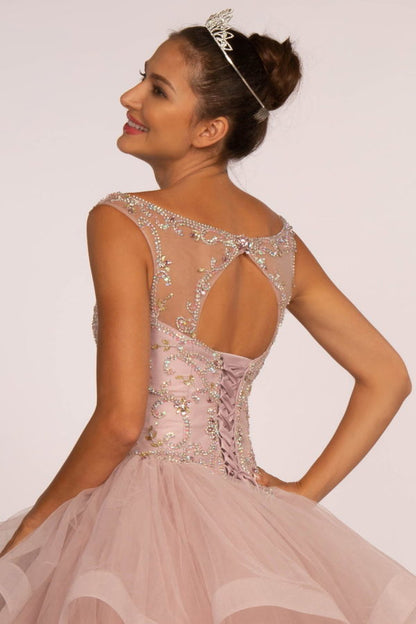 Jewel Embellished Boat Neck Multi-Layered Skirt Ball Gown-3