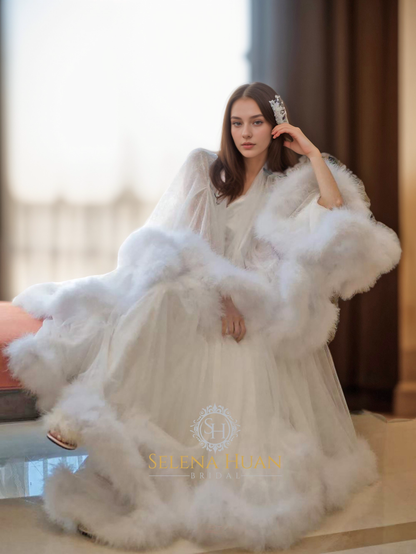 Seraphina Flourish Feather-Trim Robe and Nightgown Set