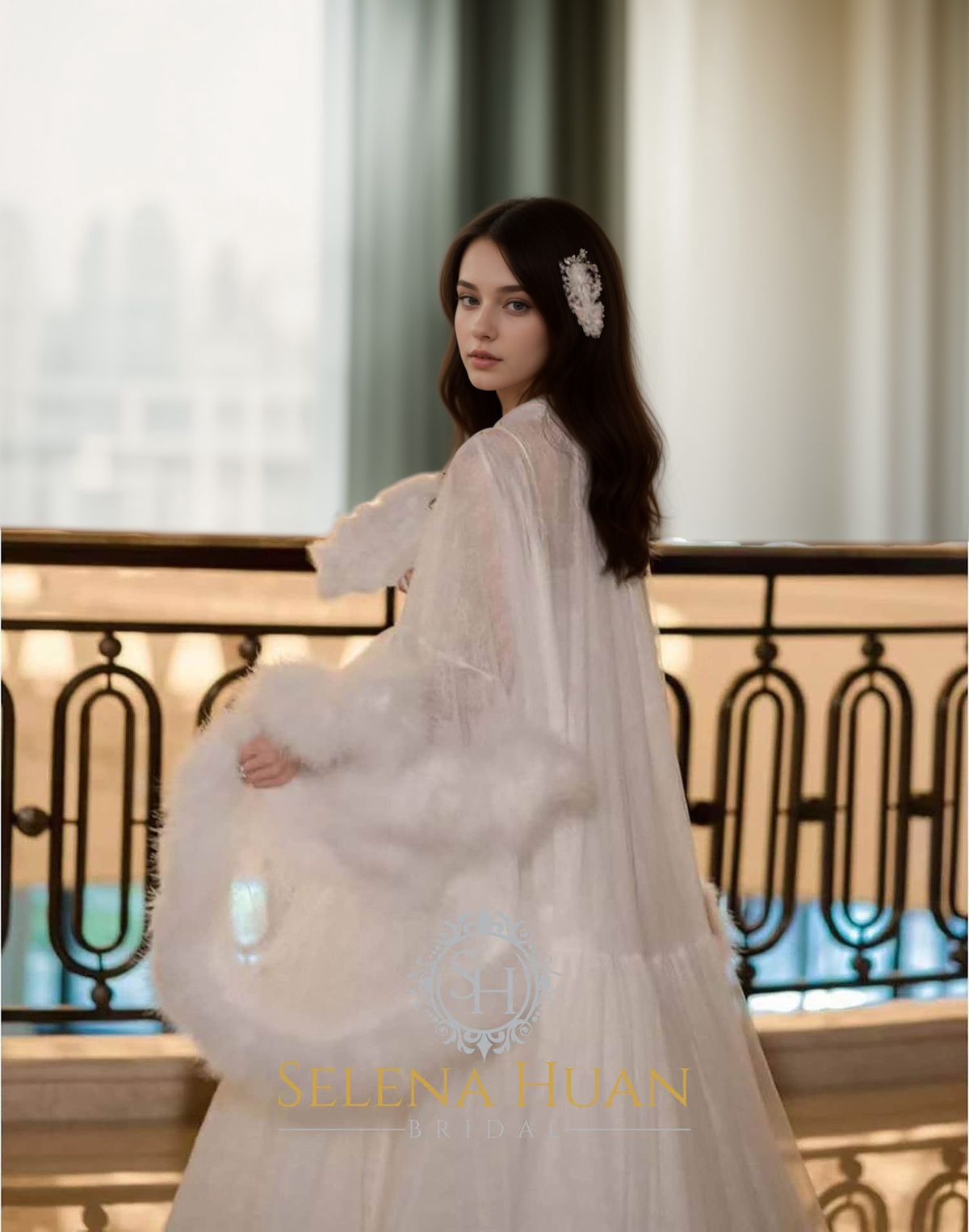 Seraphina Flourish Feather-Trim Robe and Nightgown Set