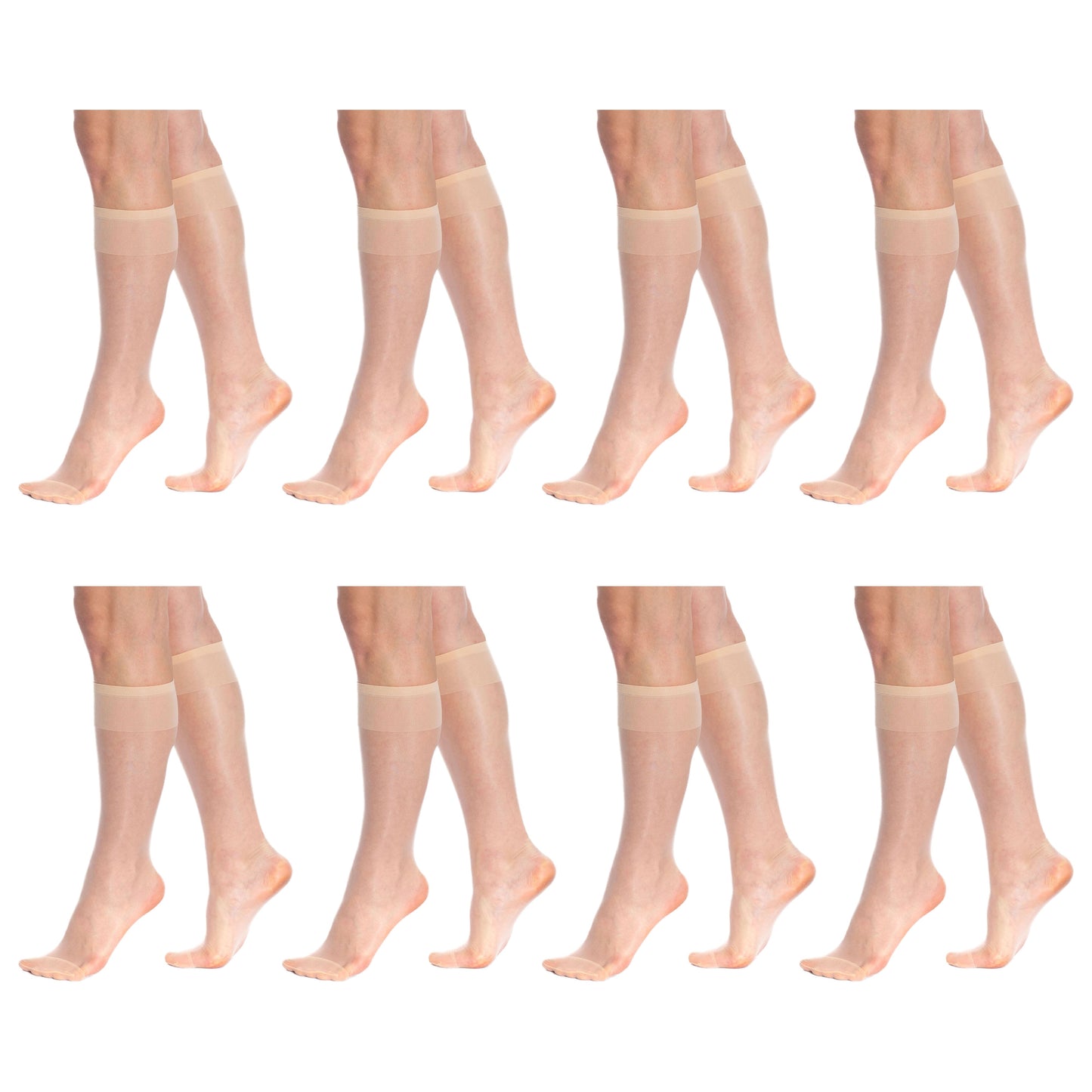 8 Pairs Sheer Knee High Socks for Women 15 Denier with Stay-Up Band One Size