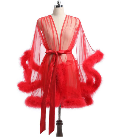 Ariette Mist Feather-Trim Sheer Robe
