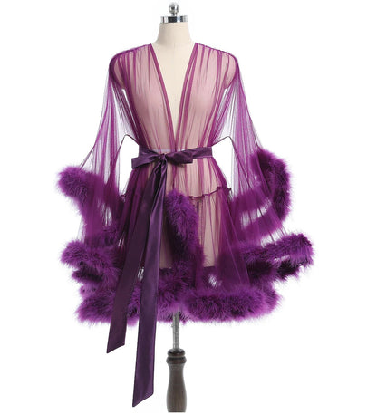 Ariette Mist Feather-Trim Sheer Robe