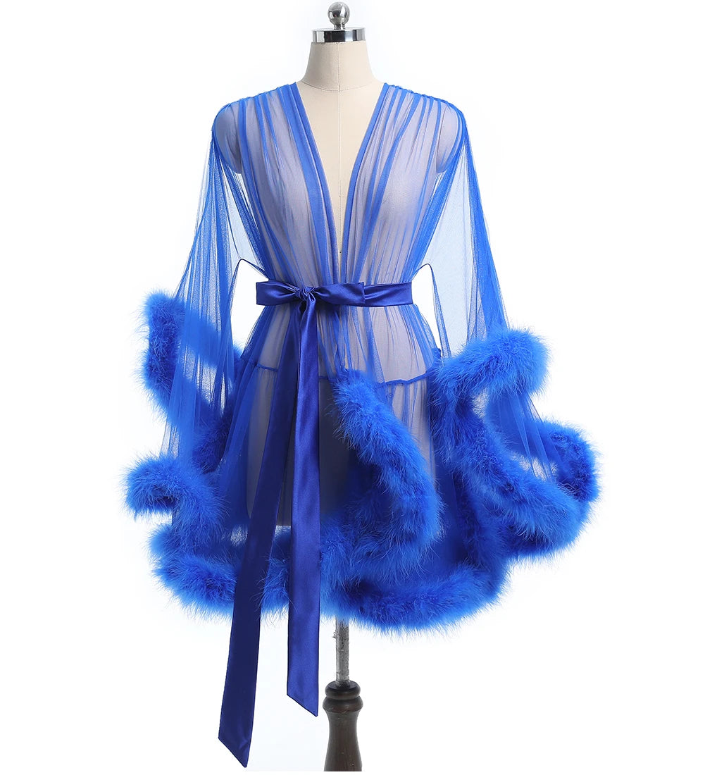 Ariette Mist Feather-Trim Sheer Robe