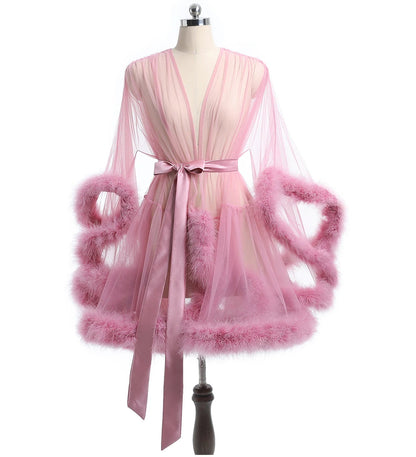 Ariette Mist Feather-Trim Sheer Robe