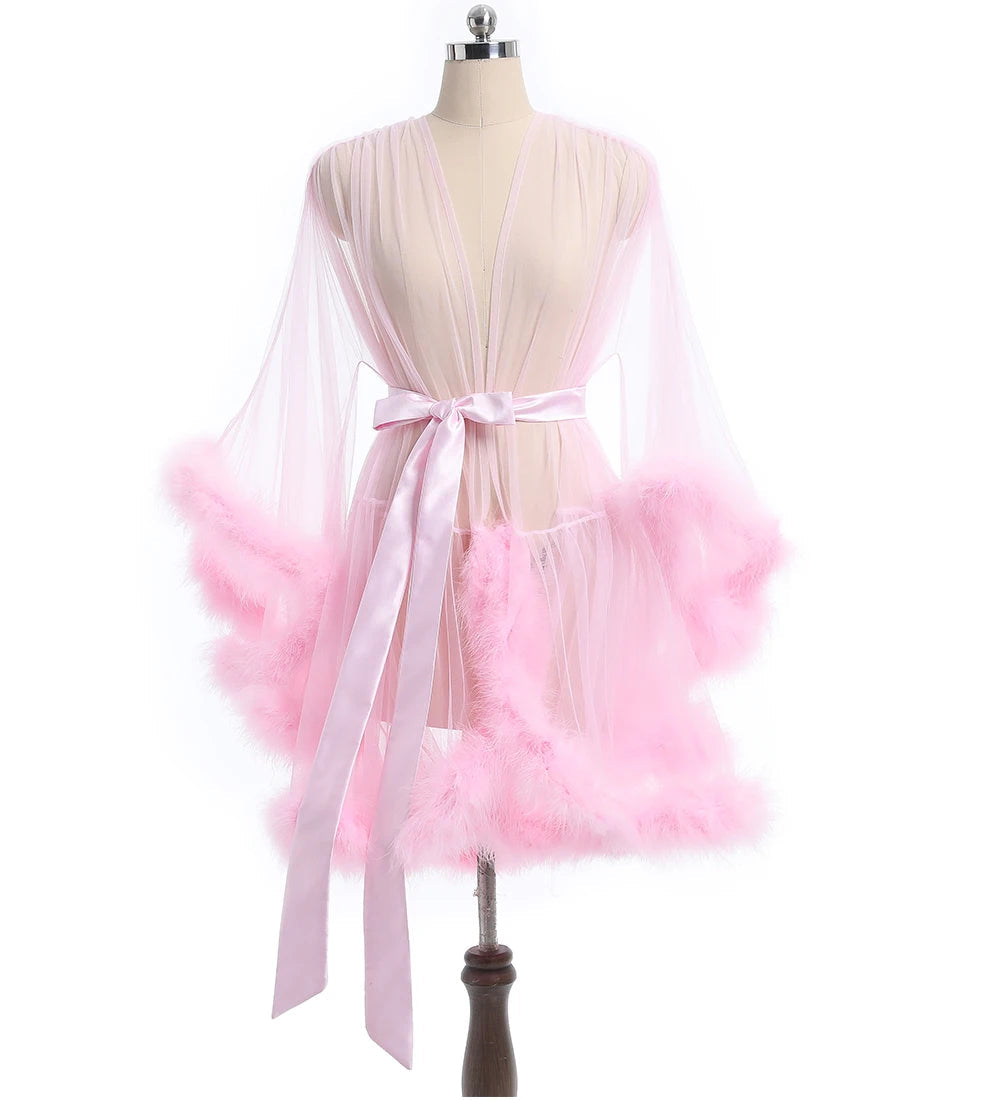 Ariette Mist Feather-Trim Sheer Robe