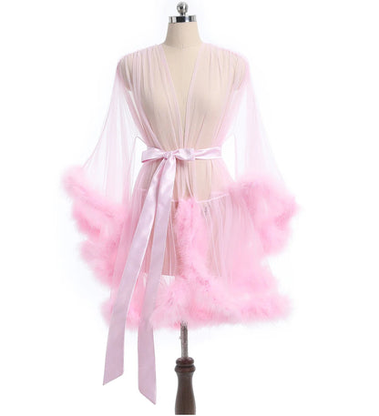 Ariette Mist Feather-Trim Sheer Robe