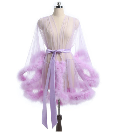 Ariette Mist Feather-Trim Sheer Robe