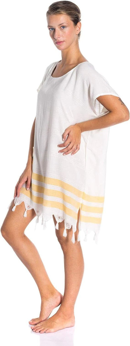 Soft 100% Turkish Cotton Swimsuit Cover Up Dress for Women Short Sleeve Beach Dress with Fringed Hem by M.O.S