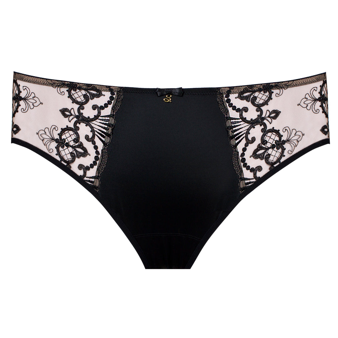 Samanta Perla Black Sheer Mesh Tulle Embroidered Brief Panty