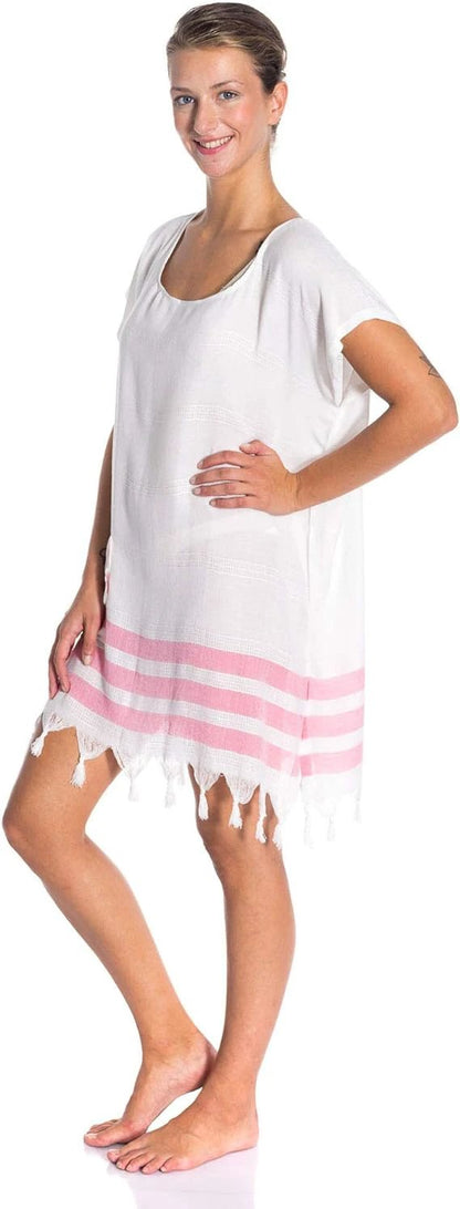 Soft 100% Turkish Cotton Swimsuit Cover Up Dress for Women Short Sleeve Beach Dress with Fringed Hem by M.O.S