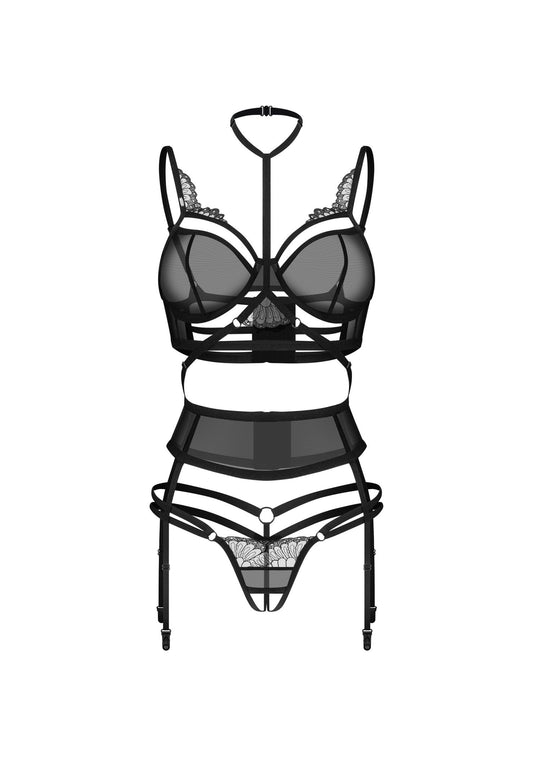 Strapped Intrigue Embroidered Three-Piece Lingerie Set