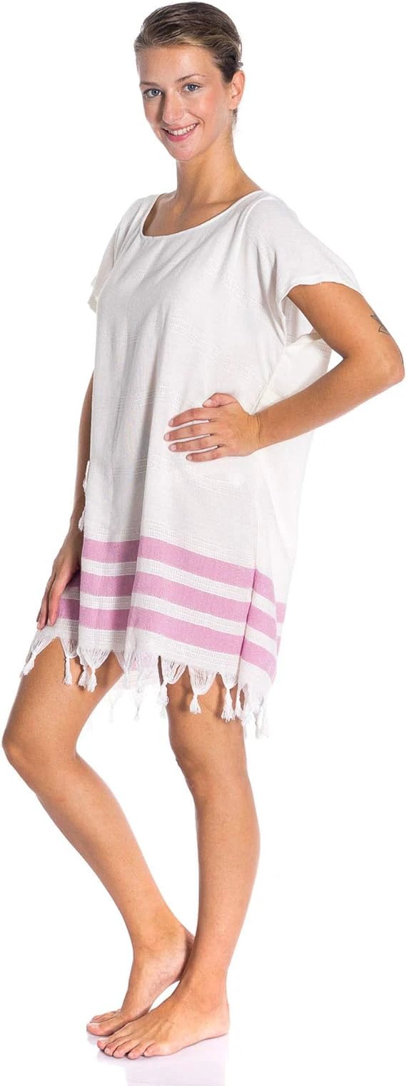 Soft 100% Turkish Cotton Swimsuit Cover Up Dress for Women Short Sleeve Beach Dress with Fringed Hem by M.O.S