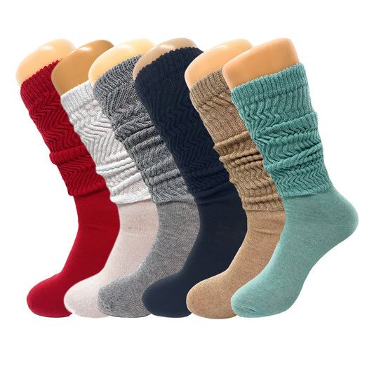 Women’s Slouch Socks 6 Pairs Cotton Scrunch Knee-High Shoe Size 5-10-0