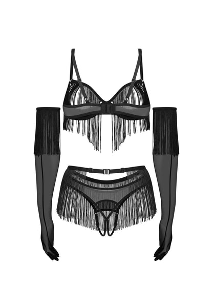 Obsessive Midnight Tease Rossay Black Open Cup Bra Crotchless Panties 4-pcs Set