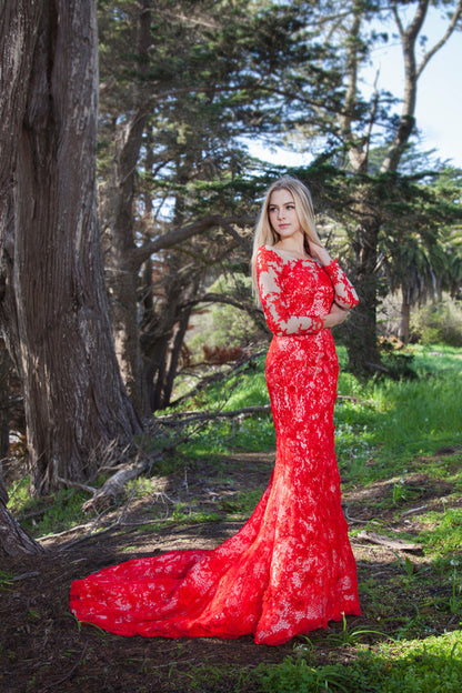 Crimson Reverie Long-Sleeve Lace Mermaid Gown