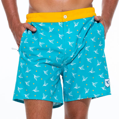 Mens Luxury Swim Trunks | Kolibri Monogram in Aquamarine