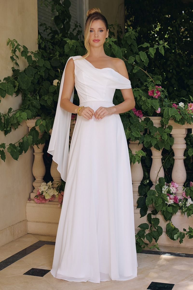 Flowing chiffon gown, one-shoulder neckline A-line