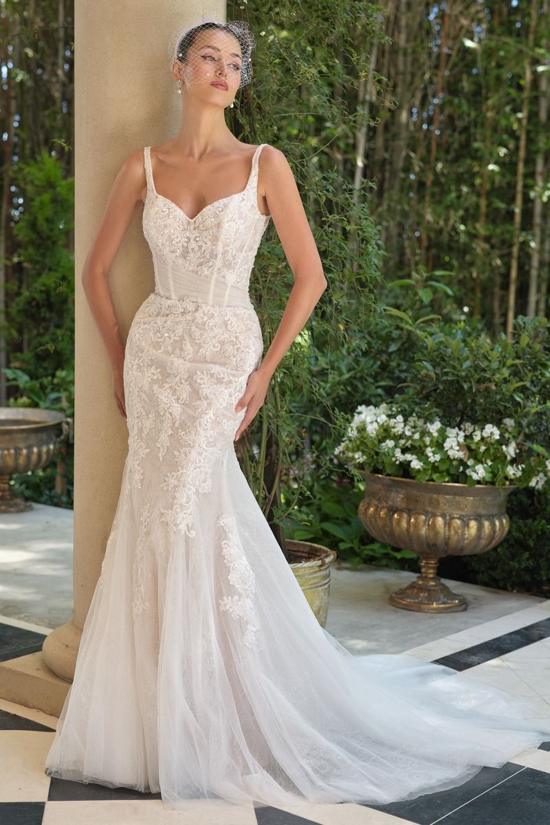 Embroidered Lace Mermaid Bridal Gown with Tulle Bow Train-0