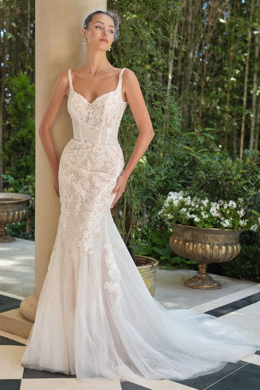Embroidered Lace Mermaid Bridal Gown with Tulle Bow Train-0
