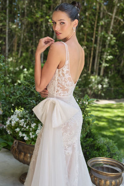 Embroidered Lace Mermaid Bridal Gown with Tulle Bow Train-3